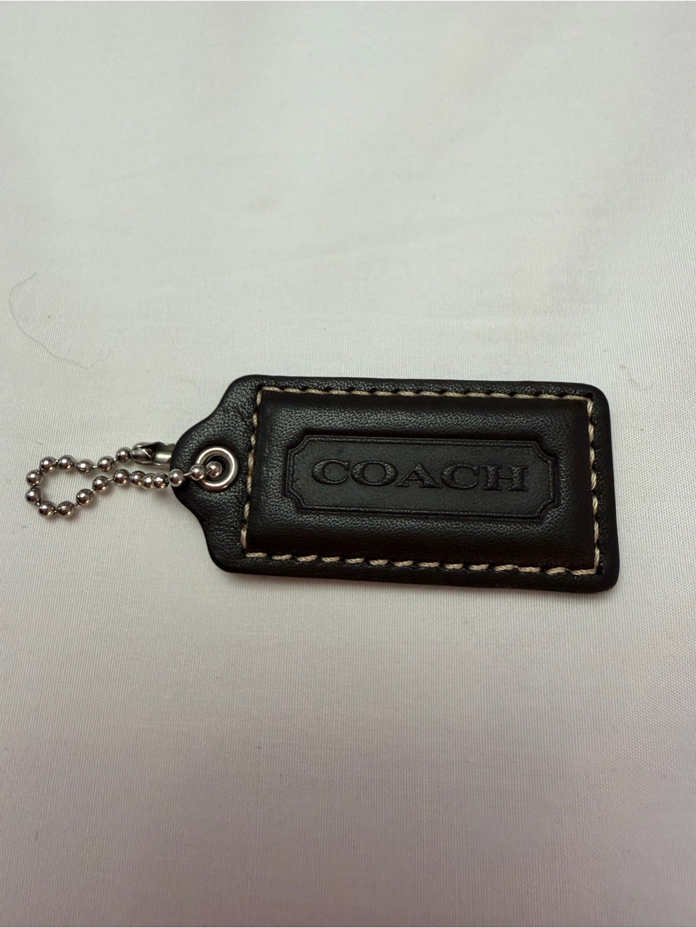 Coach Dark Brown Leather Embossed Key Tag Chain Bag Charm White Stitching New